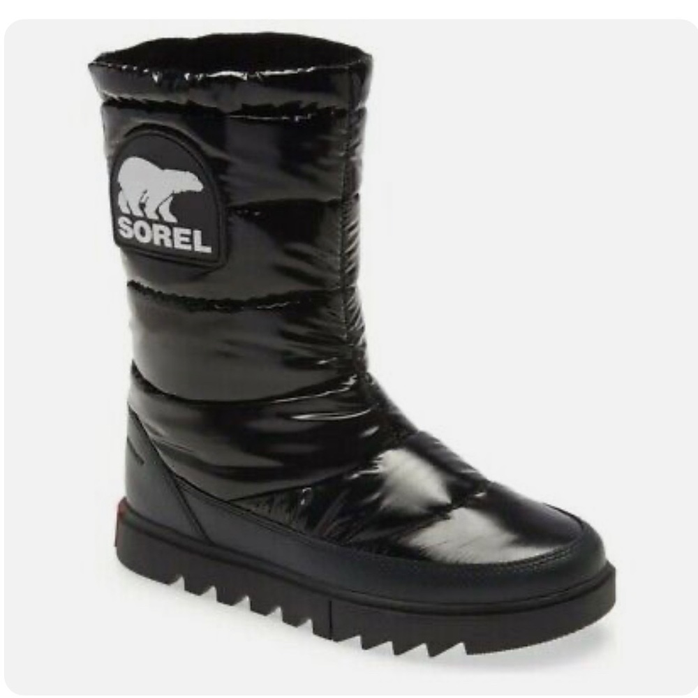 Sorel Womens Black Patent Leather Mid Puffer Snow Boot